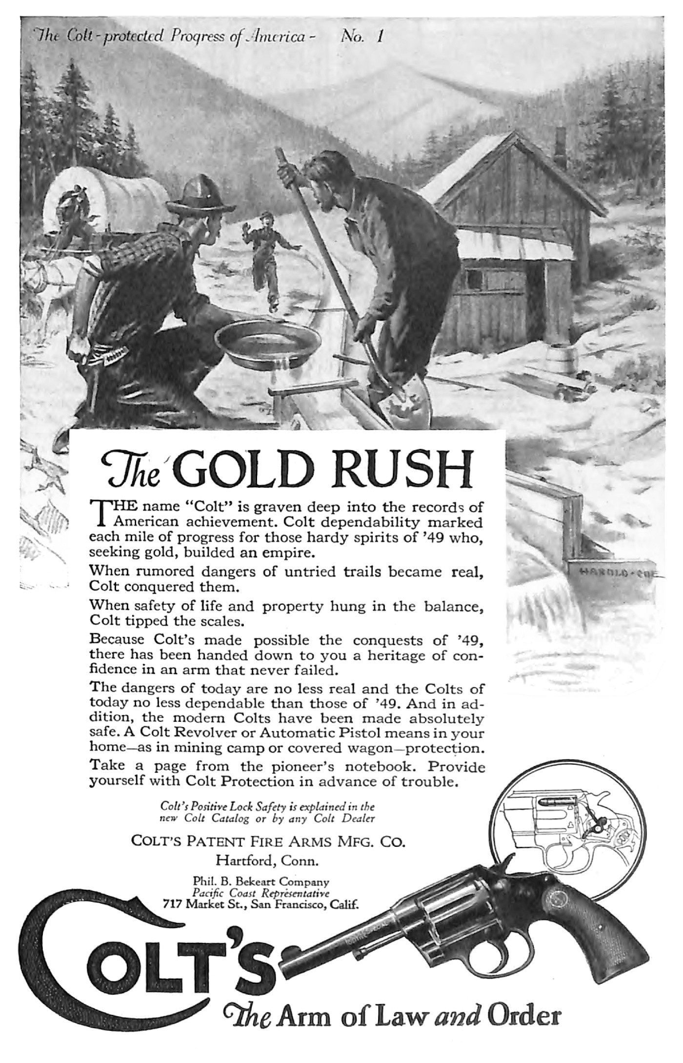 Colt advertisement "The Gold Rush", The Elks Magazine, 1926. The line about tipping the scales is in the third paragraph.